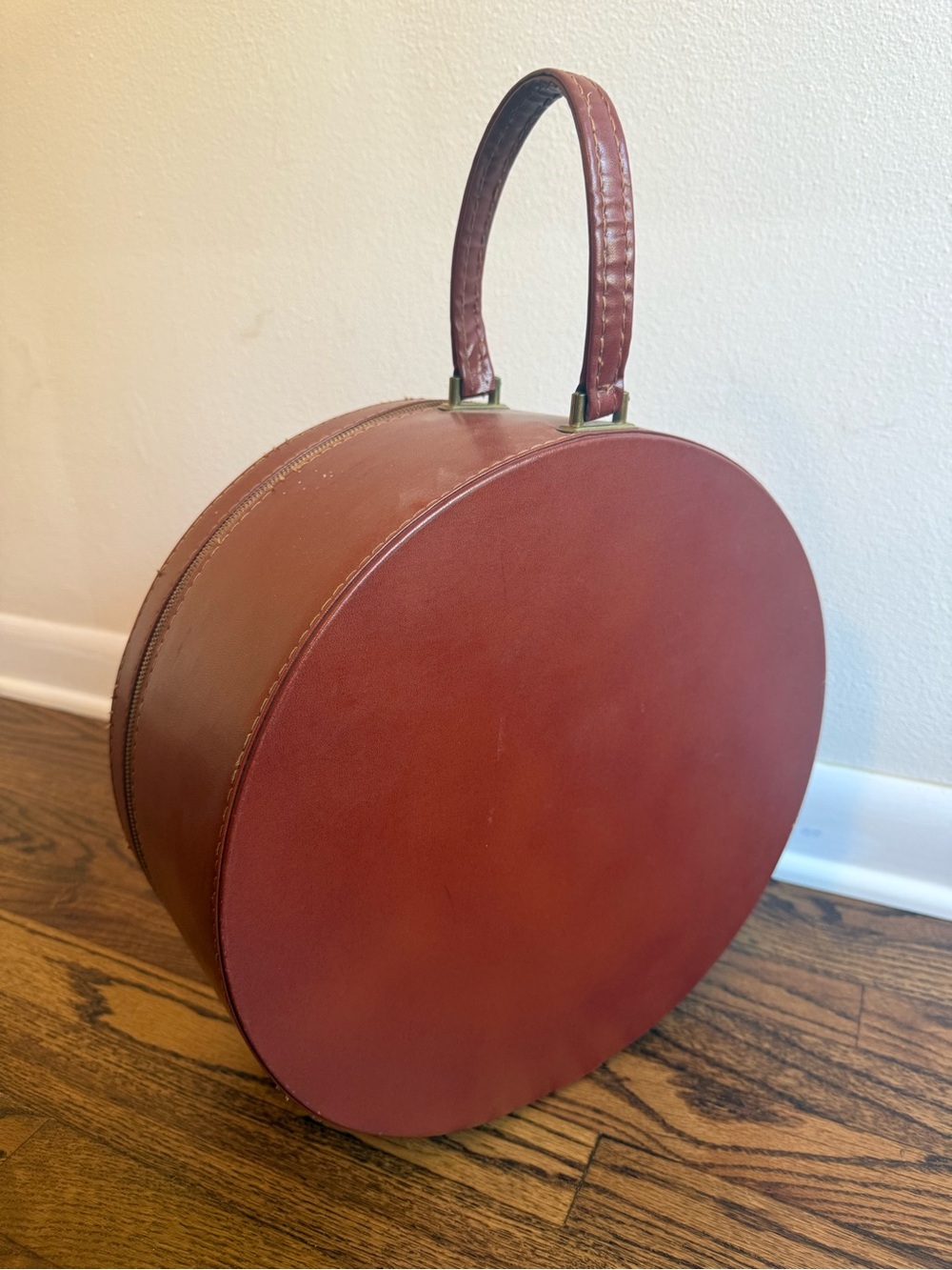 Vintage-Inspired Round Leather Top-Handle Bag in Cognac Brown
